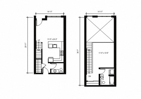 Floor plan for 1 bed, 1.5 baths, 801 sqft
